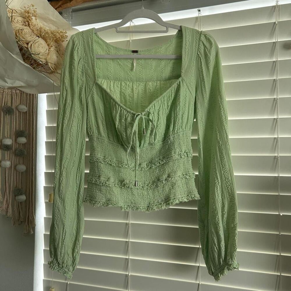 Free people green peasant Lolita milk maid style boho top | size small - Picture 2 of 5